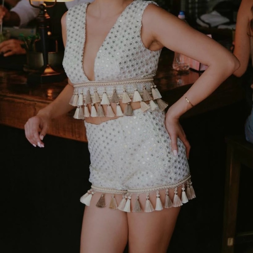 Rare cream and gold tassel two piece set adorned with Sequins NWOT